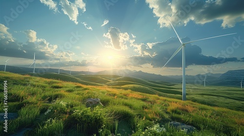 A few wind power plants, low-carbon and environmentally friendly, sunny. Generative AI.