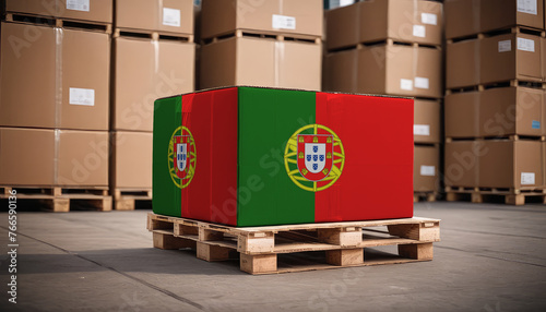 Box with Portugal flag. Portugal logistics port. Logistics industry in Portugal. Export and import of goods.