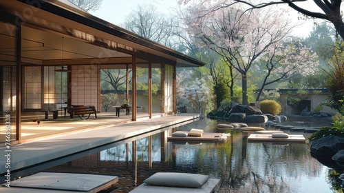 Japanese-style house, distinguished by its minimalist elegant architectural design. Generative AI.