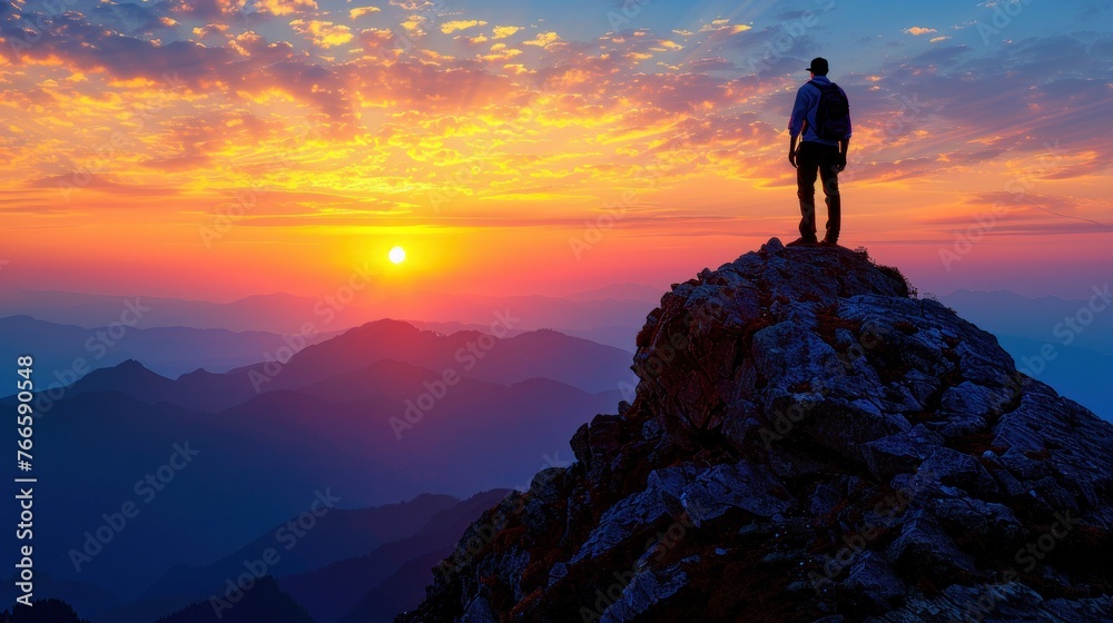 A man standing proudly on a mountain peak as the sun sets in the background