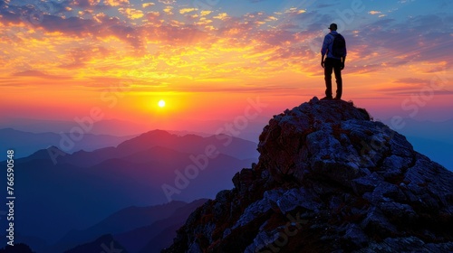 A man standing proudly on a mountain peak as the sun sets in the background