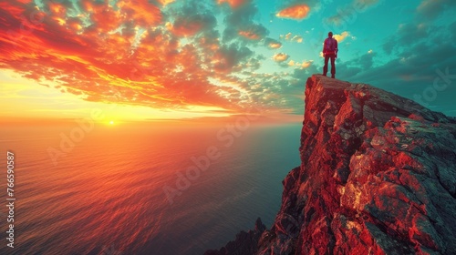 A man standing on a cliff, looking out at the vast ocean below