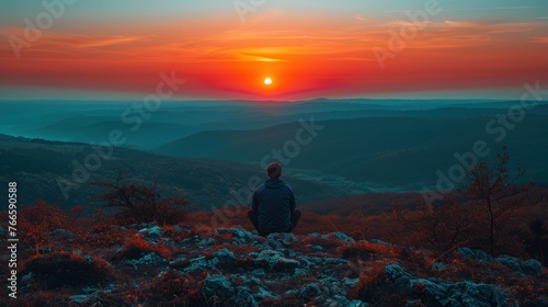 Man sitting on a mountain peak, observing the setting sun