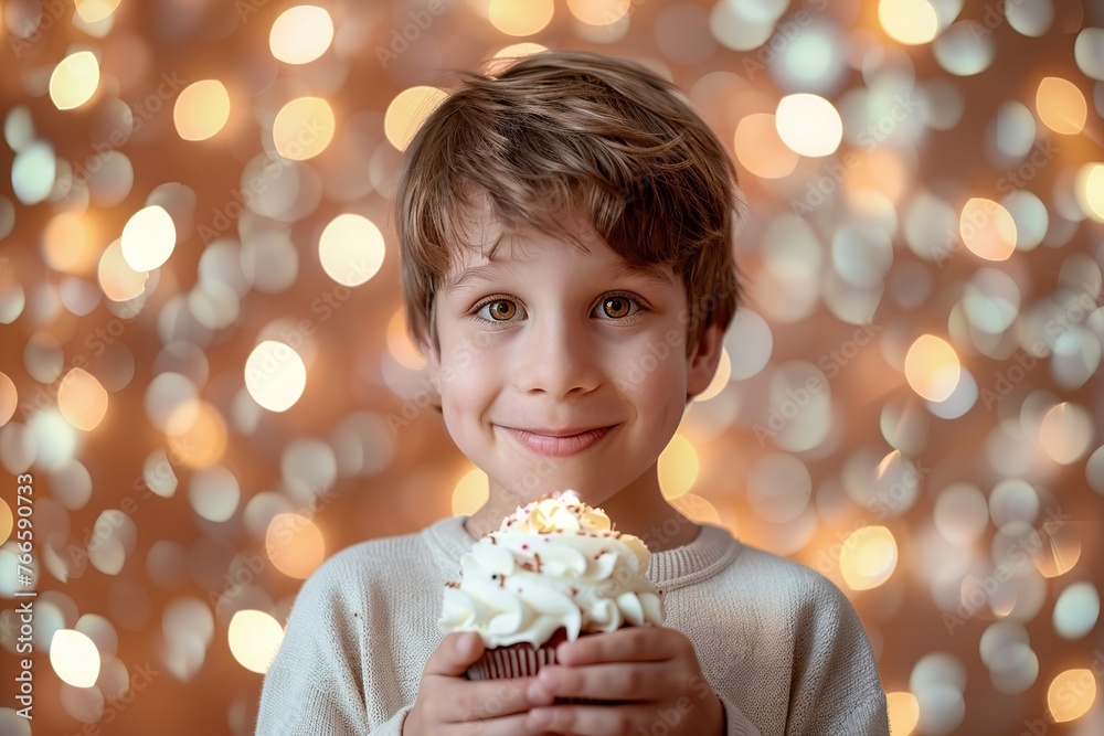 Child boy holding sweet cupcake with whipped cream on blurred lights background Child boy holding sweet cupcake with whipped cream on blurred lights background