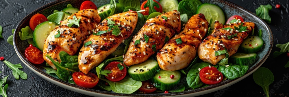 A bowl filled with a mix of chicken pieces, cucumber slices, and tomato chunks A bowl filled with a mix of chicken pieces, cucumber slices, and tomato chunks