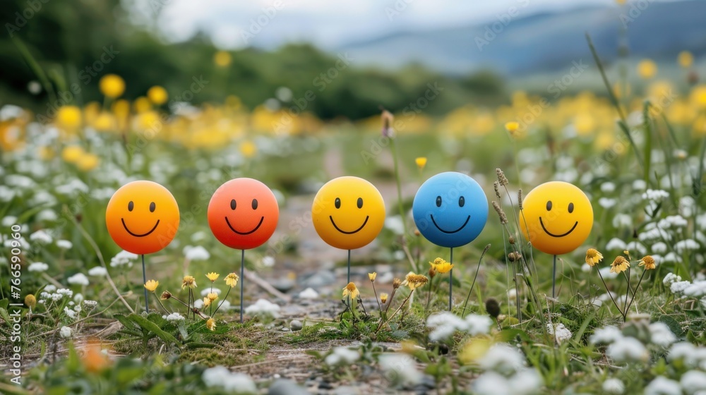 Row of smiley faces standing on vibrant field of flowers Row of smiley faces standing on vibrant field of flowers