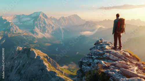 A lone hiker positioned at the brink of a stunning mountain view, with the expansive scenery unfolding ahead.