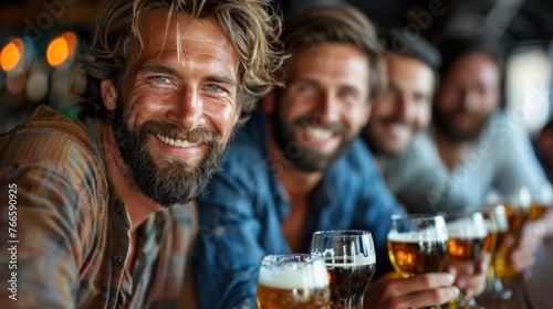 Men sitting together, holding glasses of beer photo