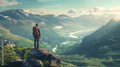 A lone hiker positioned at the brink of a stunning mountain view, with the expansive scenery unfolding ahead.