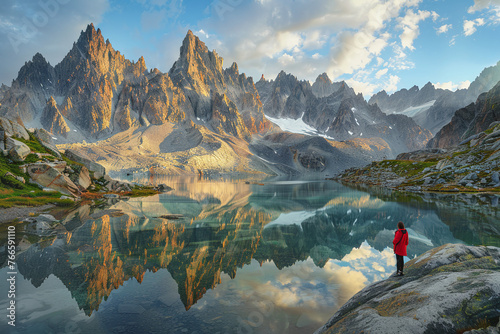 A lone traveler pausing to reflect beside an alpine lake, surrounded by towering peaks.