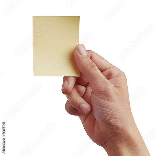 A realistic photograph of a hand holding a post-it note, isolated.