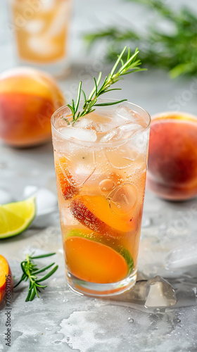A refreshing peach cocktail with rosemary and a citrus touch of lemon. Cocktail or iced peach tea with lemon and fresh rosemary aroma.