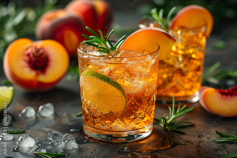 A refreshing peach cocktail with rosemary and a citrus touch of lemon. Cocktail or iced peach tea with lemon and fresh rosemary aroma. A refreshing peach cocktail with rosemary and a citrus touch of lemon. Cocktail or iced peach tea with lemon and fresh rosemary aroma.