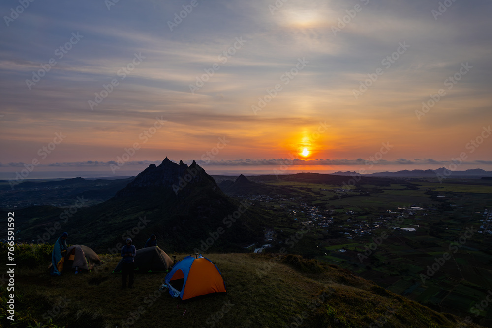 Aerial view of sunrise from top of le pouce mountain in Mauritius island