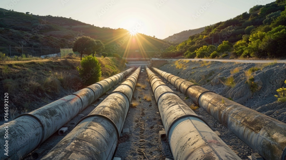 Large pipe on a dirt road, suitable for industrial and construction concepts