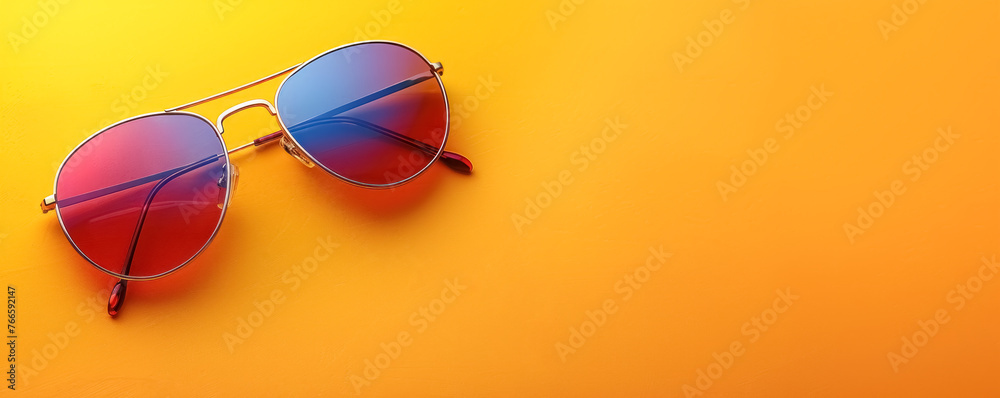 Banner with flat lay of modern sunglasses many bright colors. Modern goggles isolated on yellow background with copy space - obrazy, fototapety, plakaty 