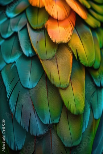 Detailed view of vibrant bird feathers, perfect for nature themes © Fotograf