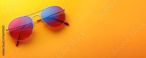 Banner with flat lay of modern sunglasses many bright colors. Modern goggles isolated on yellow background with copy space photo