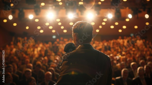 A man holding a microphone in front of a large crowd. Suitable for events and public speaking