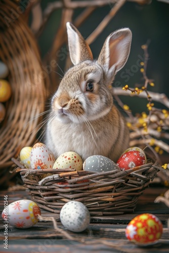 A cute rabbit sitting in a basket with colorful eggs. Perfect for Easter decorations