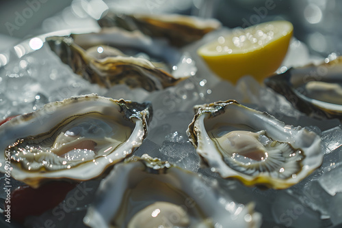 Seafood appetizer plate of freshly shucked oysters served with lemon wedges on a bed of ice at a restaurant