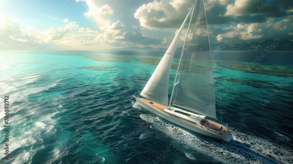 A sailboat sailing in the open ocean. Suitable for travel brochures