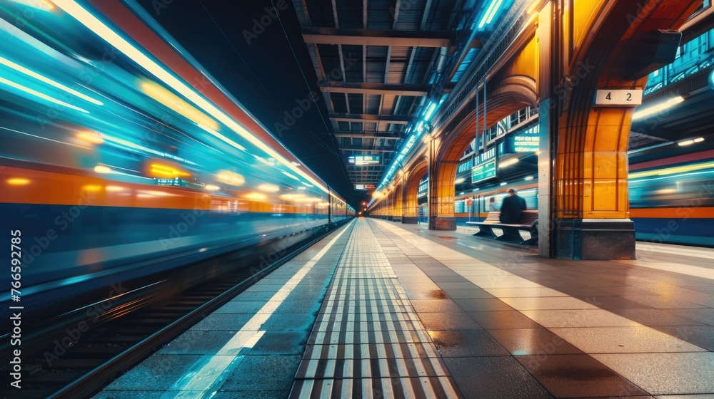 Blurry image of a train at a station, suitable for transportation themes Blurry image of a train at a station, suitable for transportation themes