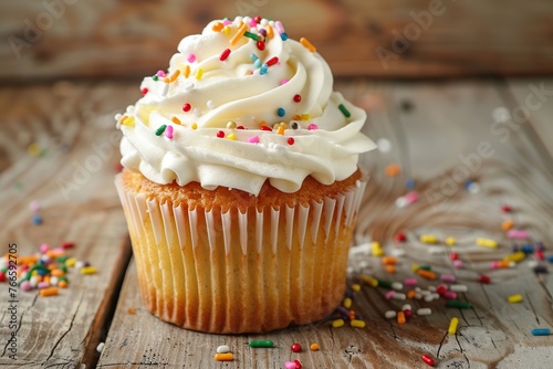 Tasty cupcake with butter cream and sprinkles on wooden table