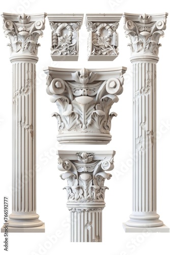 Four white columns with intricate carvings, ideal for architectural designs