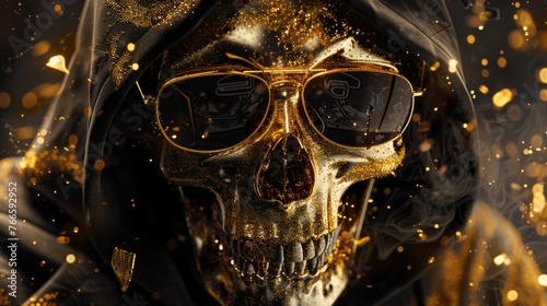 A skull wearing sunglasses and a hoodie, perfect for urban and street style designs
