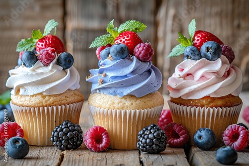 Tasty cupcakes with butter cream and ripe berries on wooden table