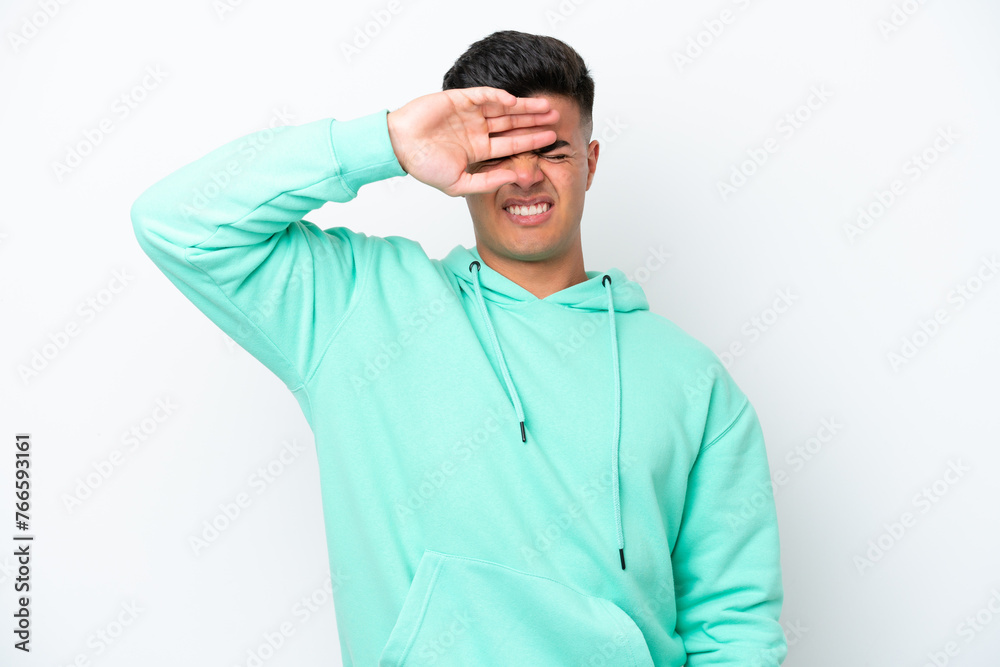 Young caucasian handsome man isolated on white background with tired and sick expression Young caucasian handsome man isolated on white background with tired and sick expression