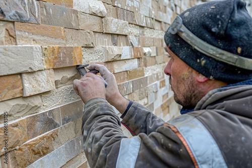 A man is seen working on a brick wall. Suitable for construction or renovation concepts