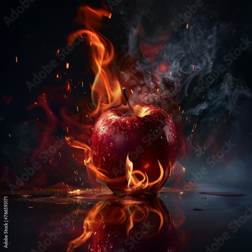 Flaming Sparking Apple on Dark Background. 
