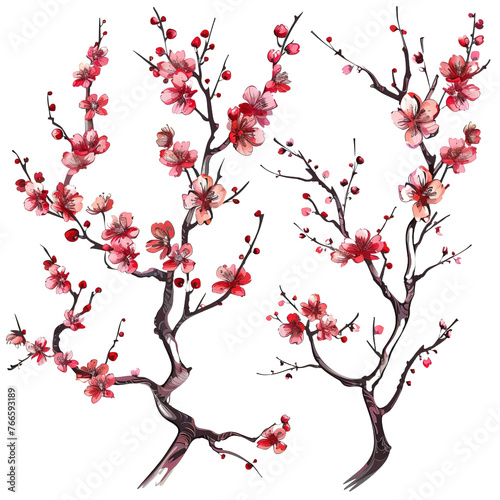 Cherry blossom flower stalk isolated on white or transparent background
