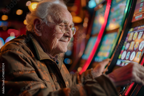 A detailed view of a cheerful elderly man at a casino, his eyes filled with anticipation as he pulls the lever of a slot machine.