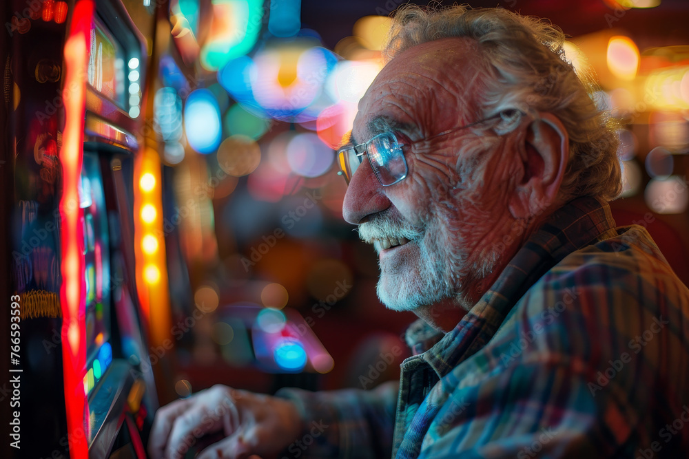 A detailed view of a cheerful elderly man at a casino, his eyes filled with anticipation as he pulls the lever of a slot machine. 