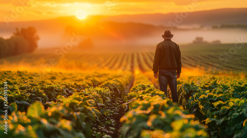 Farmer in leather jacket walking through tobacco field at sunset. Rural agriculture and farming landscape. Eco-friendly agriculture and agribusiness concept