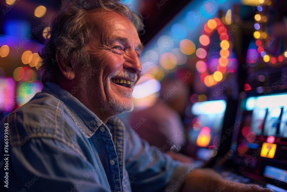A detailed view of a cheerful middle-aged man at a casino A detailed view of a cheerful middle-aged man at a casino