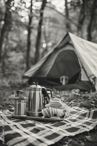 A table set with a plate of food and a tea pot. Suitable for restaurant menu or food blog