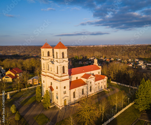 Raudondvaris town, Kaunas district. Aerial drone view of St. Theresa of the child Jesus church
