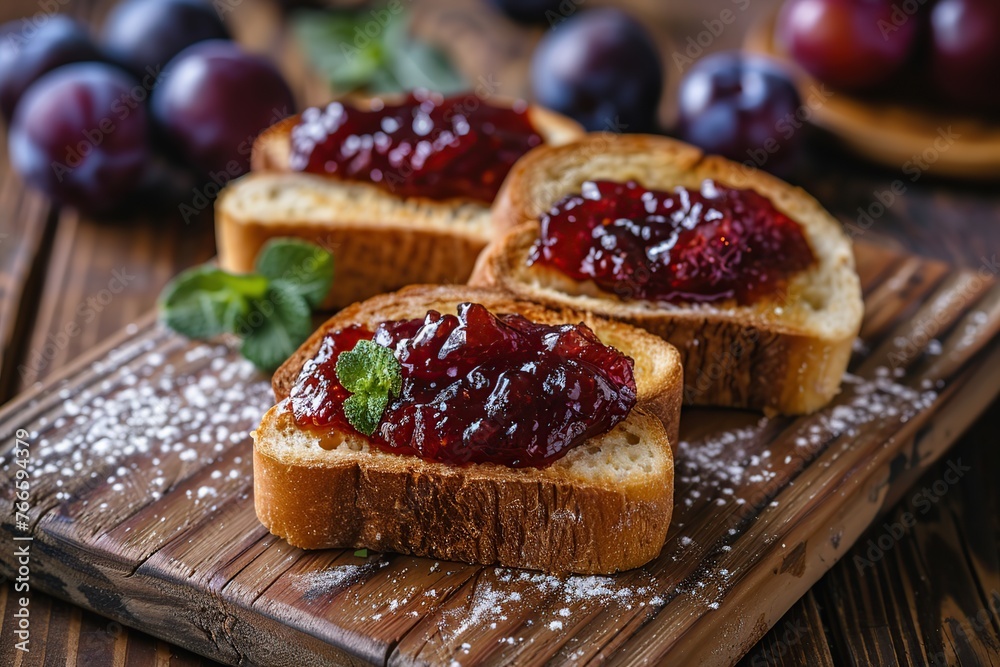 Toast breads with sweet plum jam on wooden table