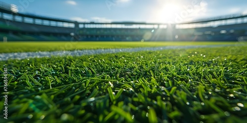 Low angle view of a grassy stadium field with bright sunlight and stands in the background. Concept Sports Photography, Outdoor Lighting, Stadium Architecture, Grass Fields, Sunlight Effects © Ян Заболотний