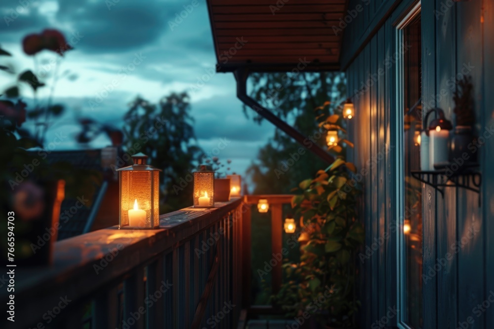 Candles glowing on porch, ideal for home decor projects Candles glowing on porch, ideal for home decor projects