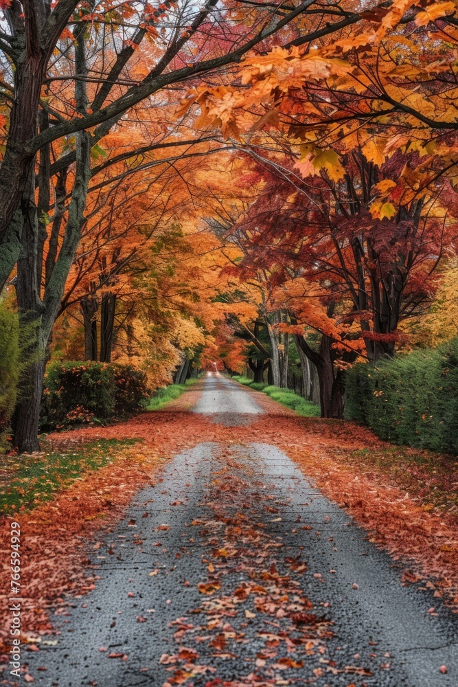 A picturesque tree lined road with fallen leaves, perfect for autumn-themed projects