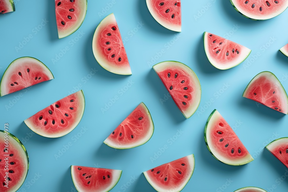 Pattern of fresh watermelon slices on blue background