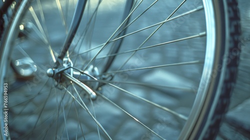 Close up of a bicycle wheel with a blurry background. Perfect for cycling enthusiasts