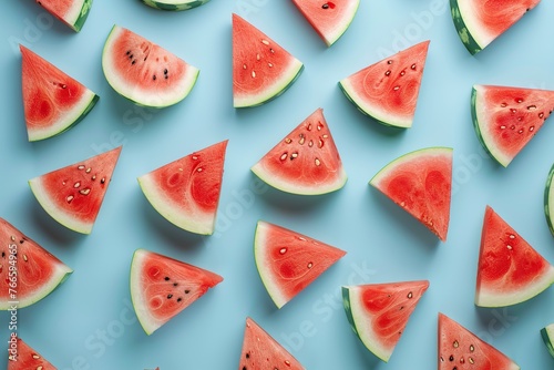 Pattern of fresh watermelon slices on blue background