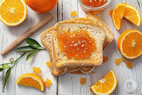 Toast breads with sweet orange jam on wooden table photo