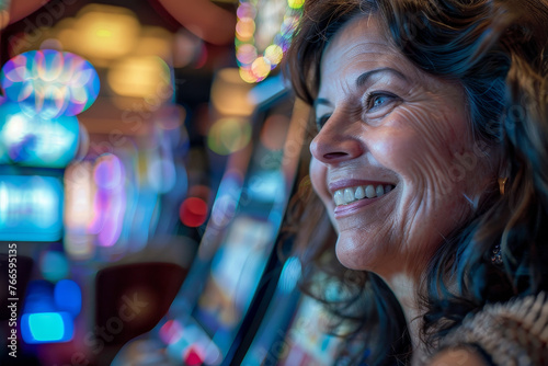 A detailed view of a cheerful woman at a casino, her face full of hope and excitement as she plays at the slot machines.